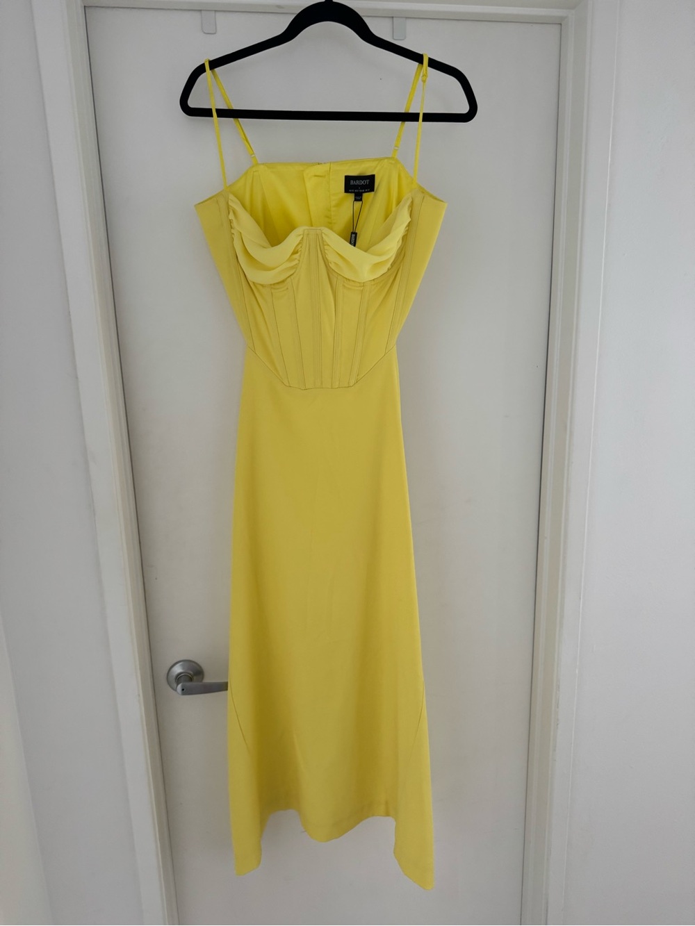 Bardot martini midi Yellow Spaghetti-Strap Corset Dress